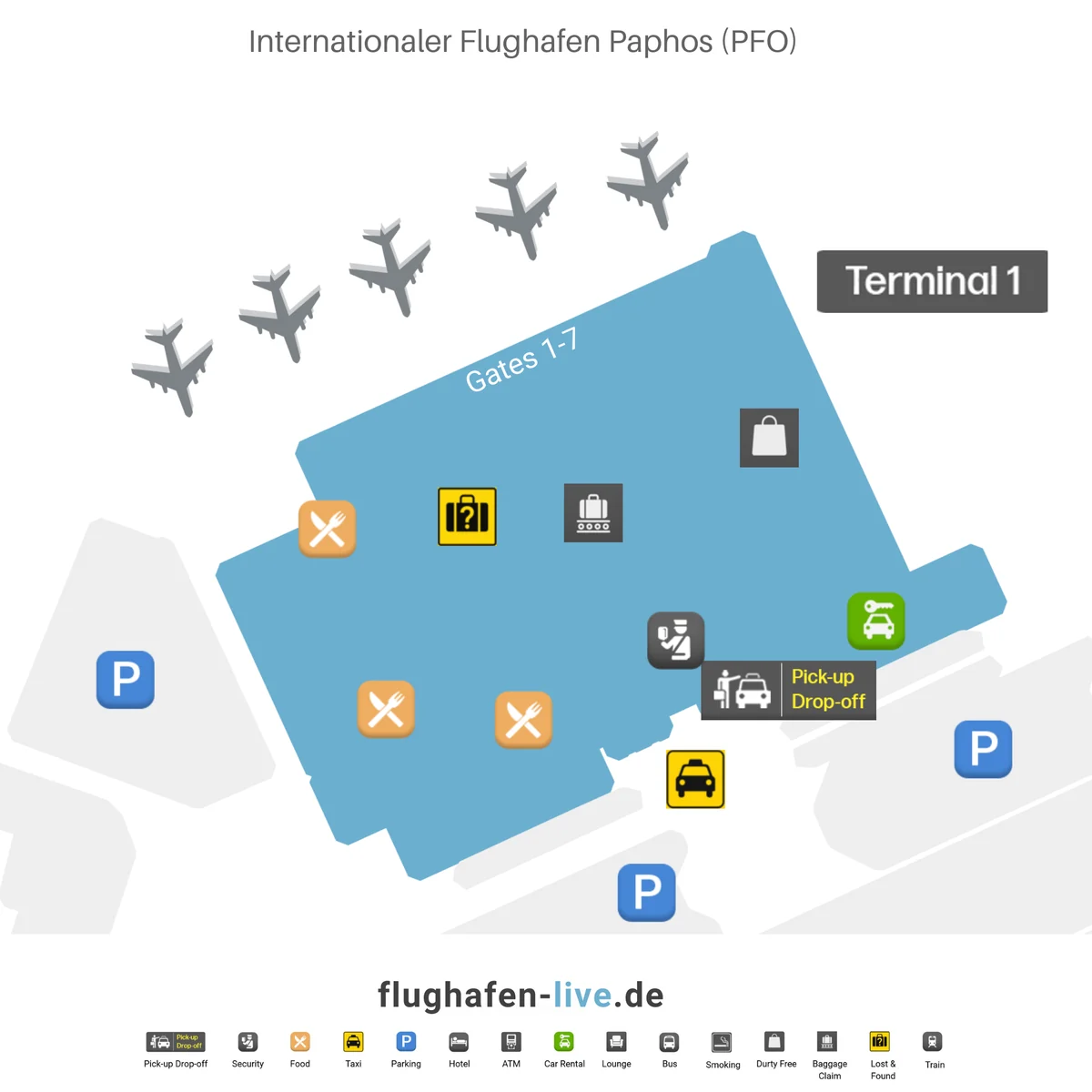 Flughafen Paphos Karte: Übersichtsplan vom Terminal mit Gates 1 bis 7, Parkplätzen, Taxiständen und Mietwagenstationen (PFO)